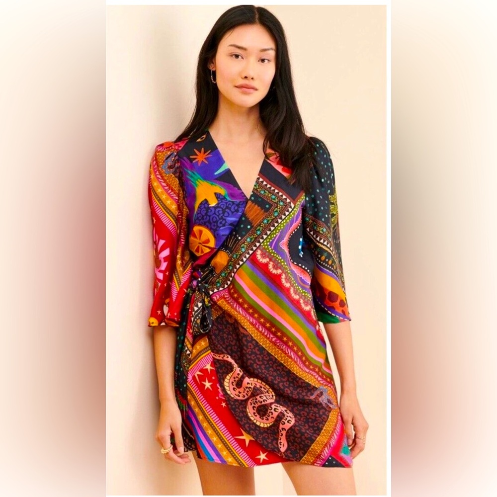 FARM Rio Printed Silky Wrap Mini Dress - M Comfy and Cute!